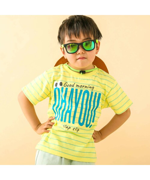 SLAP SLIP（スラップスリップ）の「ボーダー柄アイサツプリント半袖Tシャツ(80~130cm)（Tシャツ/カットソー・キッズ・オレンジ/イエロー/グリーン・110）」の3枚目の写真