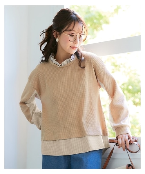 nissen（ニッセン）の「＜大きいサイズ＞衿フリル異素材切替トップス（Tシャツ/カットソー・レディース・グレー/黒/ベージュ・L/LL/3L/4L/5L/6L/8L/10L）」の6枚目の写真