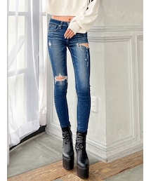 GYDA | ミドルウエストSIDE RIPPEDスキニーデニムパンツ(デニムパンツ)