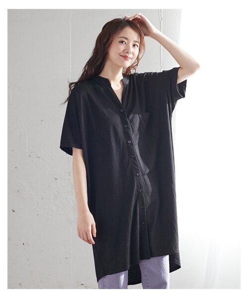 nissen（ニッセン）の「大きいサイズ 美ラクＲＵタッチゆるシルエットバンドカラーチュニック(接触冷感・ＵＶカット)（チュニック・レディース・パープル/ブラウン/ライトカーキ/黒/ブルーグレー/キャメルベージュ/ソフトピーコック/グレイッシュラベンダー/モカ/グレージュ/カーキグレー/ラズベリー/モスカーキ/ネイビー/シュガーブラウン/カーキ/チャコール/チャコールグレー/マホガニーレッド・L/LL/3L/4L/5L/6L/8L/10L）」の7枚目の写真