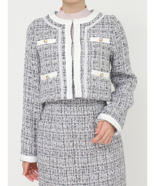 MERCURYDUO（マーキュリーデュオ）の「ツイードノーカラージャケット（ノーカラージャケット・レディース・オフホワイト/ブラック/レッド・S/M）」の2枚目の写真