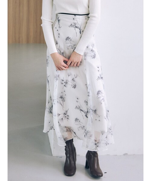 ◇コムデギャルソン【M】花柄刺繍 フレアスカート/シルバー×ブラック