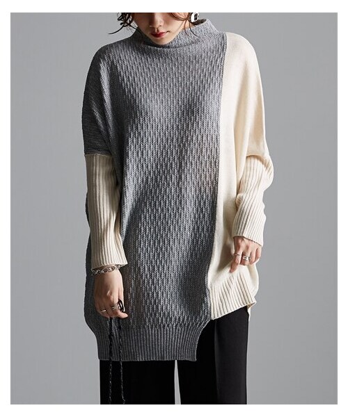 nissen（ニッセン）の「配色デザインプチハイネックロング丈ニット [Soiunique]（ニット/セーター・レディース・キャメル×ネイビー/ブラック×オフベージュ/杢グレー×アイボリー/グレージュ×ネイビー/ソフトグリーン×アイボリー/杢チャコール×黒/アイボリー×グレージュ・Y(M-LL)/S~LL）」の3枚目の写真