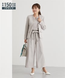 Petitjo | 小さいサイズ　【レディーススーツ】ドビー素材セットアップパンツスーツ３点セット（ノーカラージャケット+フレア袖ブラウス+リボン付ワイドパンツ）　低身長さん・小柄女性(スーツセット)
