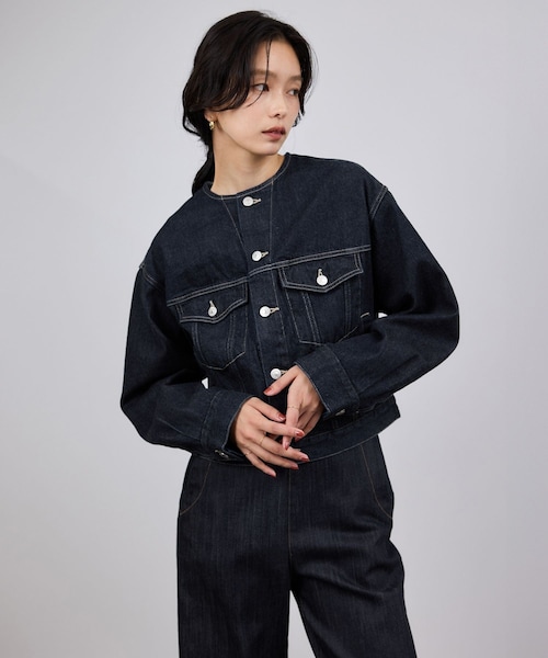 ROPE'(ロペ)の「岡山デニム別注ノーカラージャケット/イージーケア(ノーカラージャケット・レディース・グレー/ネイビー/ブルー・F)」の8枚目の写真
