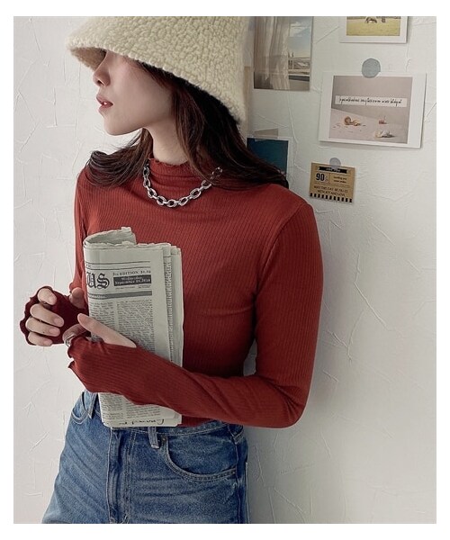 nissen（ニッセン）の「ハイネック　指穴付リブカットソー（ニット/セーター・レディース・黒/杢グレー/レンガ/ブルー・M/L/LL）」の11枚目の写真