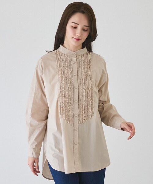 Jayro（ジャイロ）の「フリルピンタックチュニックブラウス（シャツ/ブラウス・レディース・ブラック/ホワイト系/ベージュ・M）」の6枚目の写真