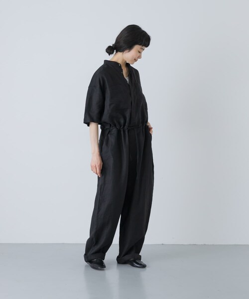 かぐれ（カグレ）の「リネンハーフスリーブオールインワン（つなぎ/オールインワン・レディース・BLACK/CHARCOAL・Free）」の3枚目の写真
