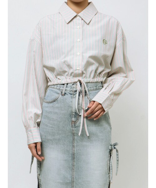 EVRIS（エヴリス）の「リボンデザインショートストライプシャツ（シャツ/ブラウス・レディース・イエロー/グリーン/ホワイト/ピンク・F）」の10枚目の写真