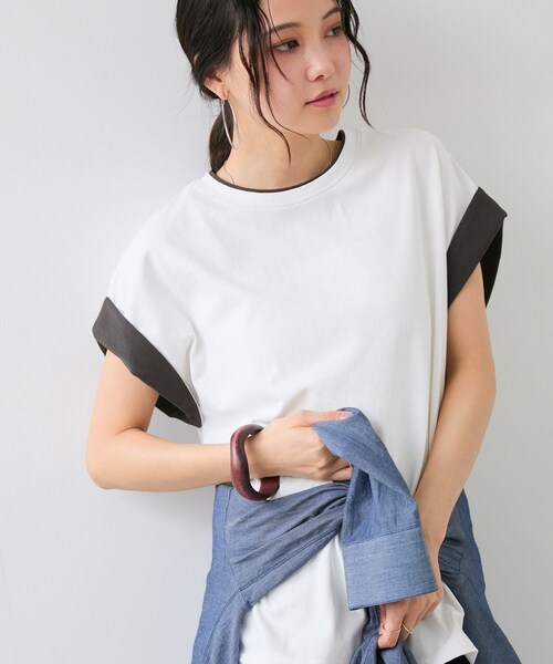 VIS(ビス)の「【WEB限定】天竺袖配色Tシャツ(Tシャツ/カットソー・レディース・ブラック/ライトグレー/オフホワイト・F)」の17枚目の写真
