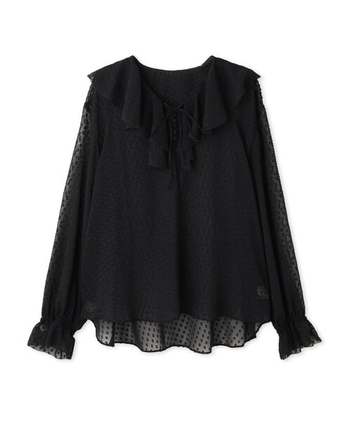 ROPE'(ロペ)の「【J'aDoRe・ルミネ別注】ラッフルフリルVネックブラウス(無地/プリント柄)(シャツ/ブラウス・レディース・ブラック/オフホワイト/ネイビー・F)」の9枚目の写真
