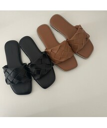 copine | スクエアトゥ編み込みデザインフラットサンダル（2color/2size）(サンダル)