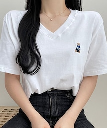 DHOLIC | BEAR刺繍VネックTシャツ(Tシャツ/カットソー)