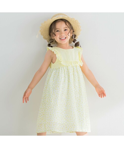 SLAP SLIP(スラップスリップ)の「胸フリル花柄シフォン切り替えワンピース(80~130cm)(ワンピース・キッズ・イエロー/ピンク・110)」の1枚目の写真