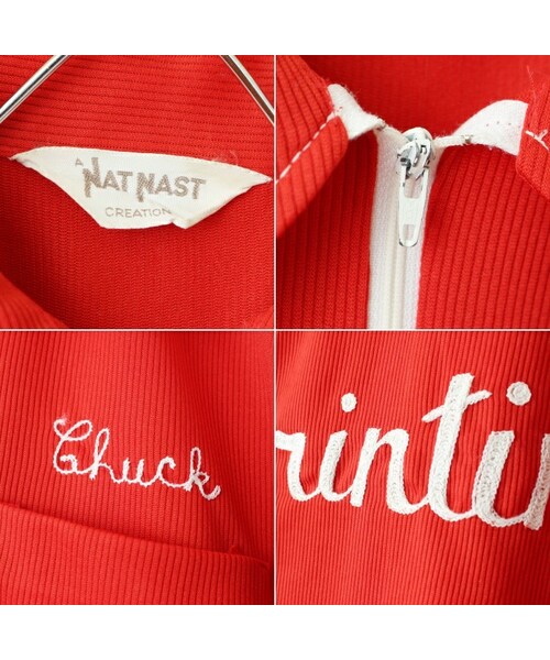 70s 80s USA製 NATNAST ハーフジップ ボウリング シャツ レッド