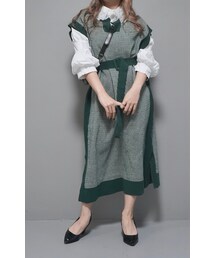 A.D.G | Houndstooth Long Vest Onepiece (green) *with Belt(ワンピース)