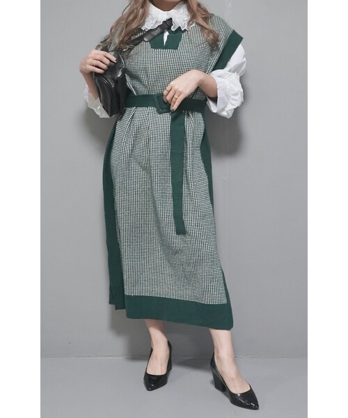 A.D.G（エーディージー）の「Houndstooth Long Vest Onepiece (green) *with Belt（ワンピース・レディース・グリーン・FREE）」の4枚目の写真