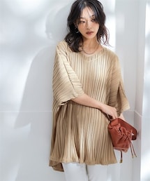 nissen | ランダムプリーツ５分袖カットソーVネックポンチョチュニック＜大きいサイズ有＞(チュニック)