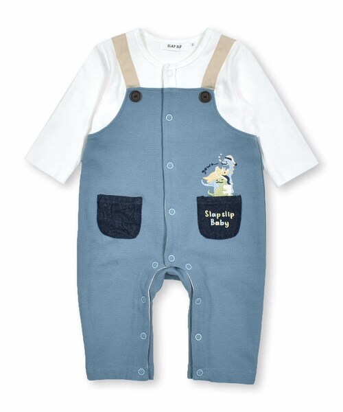 SLAP SLIP BABY（スラップスリップベビー）の「デニムポケット恐竜刺しゅうサロペットレイヤード風ロンパースベビー(60~80cm)（ロンパース・キッズ・オレンジ/ブルー・70）」の2枚目の写真