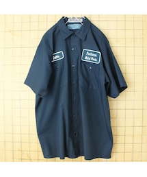 80s 90s USA CiNTAS Parthenon Metal Works ワッペン ワーク シャツ ネイビー ブルー メンズL 半袖 アメリカ古着