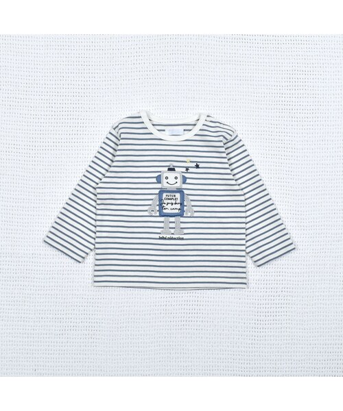 fillot de bebe reduction(フィヨデュベベルダクティオン)の「ボーダーロボットTシャツ (70~90cm)(Tシャツ/カットソー・キッズ・ブルー・S(70-80cm))」の1枚目の写真