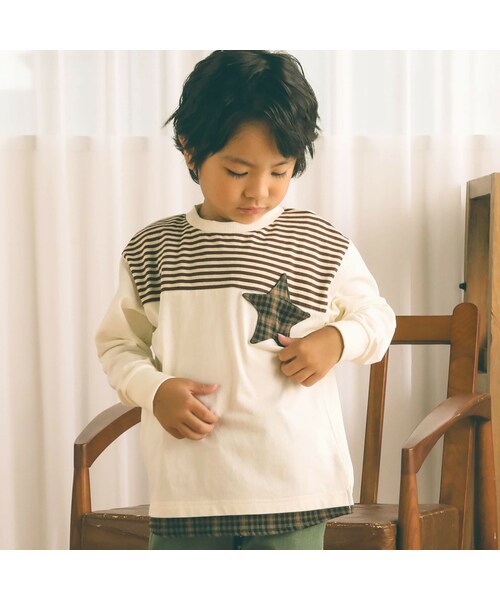 SLAP SLIP(スラップスリップ)の「【お揃い】チェック柄星ポケット付ボーダー切替長袖Tシャツ(80~130cm)(Tシャツ/カットソー・キッズ・ブルー/ホワイト・110)」の2枚目の写真