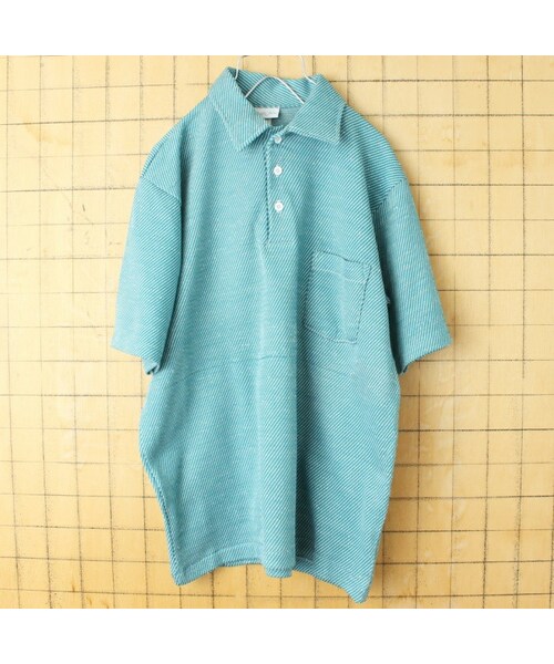60s 70s USA製 Mister Man ストライプ ポロシャツ メンズM エメラルドグリーン 半袖 ポリエステル アメリカ古着