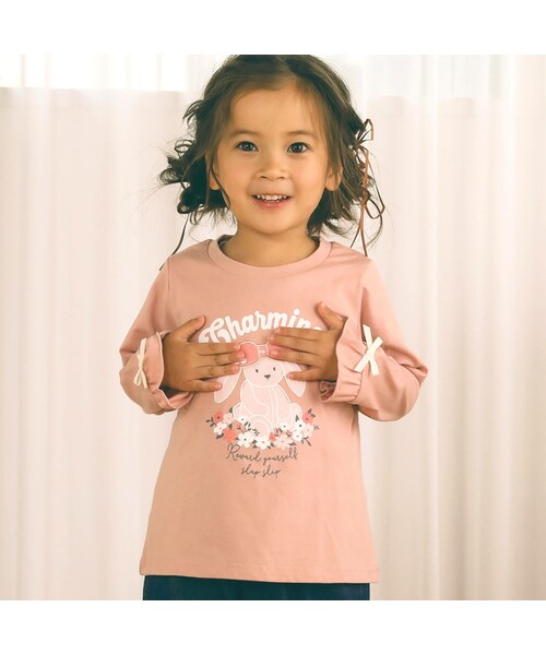 SLAP SLIP(スラップスリップ)の「無地ボーダー柄袖口フリルウサギハートモチーフキラキラスパンコール長袖Tシャツ(80~130cm)(Tシャツ/カットソー・キッズ・ピンク/ブルー・110)」の1枚目の写真