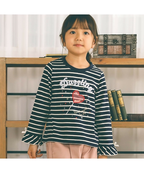 SLAP SLIP(スラップスリップ)の「無地ボーダー柄袖口フリルウサギハートモチーフキラキラスパンコール長袖Tシャツ(80~130cm)(Tシャツ/カットソー・キッズ・ピンク/ブルー・110)」の2枚目の写真