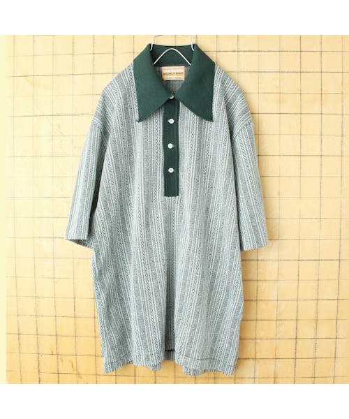70s 80s USA VAN HEUSEN 総柄 ポロシャツ メンズXL グリーン 半袖 ポリエステル アメリカ古着