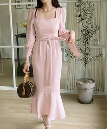 スクエア襟マーメイドワンピース ピンク DHOLIC（ディーホリック）の「スクエアネックリボンマーメイド