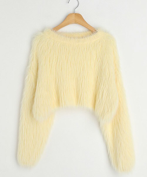 クロップドニットセーター アイボリー/イエロー/ブラック DHOLIC（ディーホリック）の「エコファークロップドニット（ニット