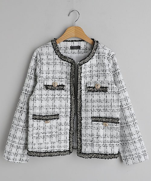 DHOLIC（ディーホリック）の「フリンジツイードオープンジャケット（ノーカラージャケット・レディース・ブラック/アイボリー・FREE）」の2枚目の写真