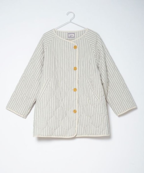 Crisp（クリスプ）の「ストライプキルティングジャケット[c8R3303]（ノーカラージャケット・レディース・ブラック/アイボリー・FREE）」の3枚目の写真