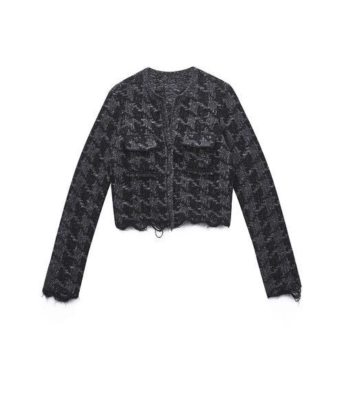 JNBY(ジェーエヌビーワイ)の「Classic Plaid Knitted Jacket(ノーカラージャケット・レディース・グレー/ピンク・36/38/40)」の1枚目の写真