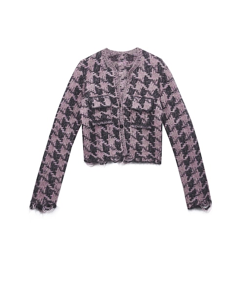 JNBY(ジェーエヌビーワイ)の「Classic Plaid Knitted Jacket(ノーカラージャケット・レディース・グレー/ピンク・36/38/40)」の2枚目の写真