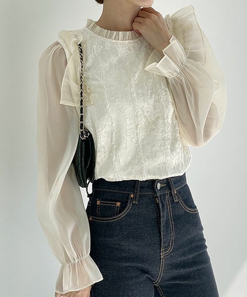 DHOLIC(ディーホリック)の「フリルシアースリーブベロアブラウス(シャツ/ブラウス・レディース・ライトベージュ・FREE)」の1枚目の写真