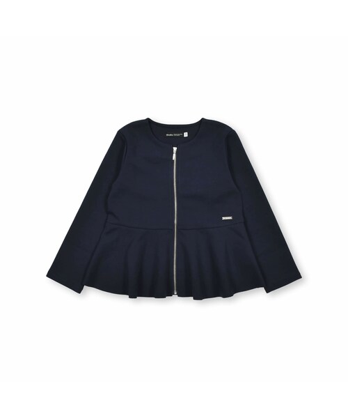 BeBe（ベベ）の「ボンディングペプラムカーディガン(90~150cm)（ノーカラージャケット・キッズ・グレー/ブルー・110）」の2枚目の写真