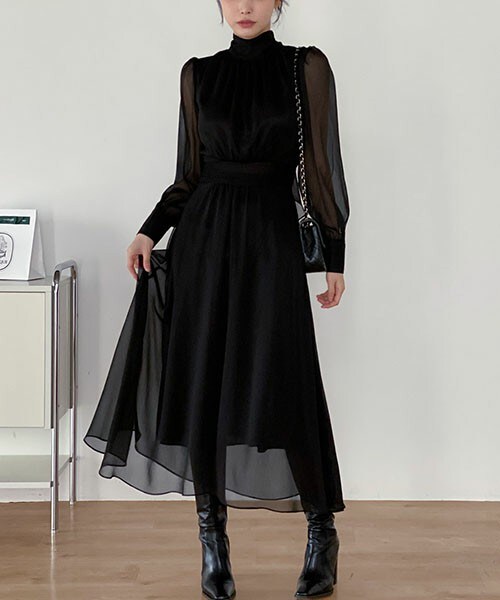 DHOLIC（ディーホリック）の「バックリボンシアーパフワンピース（ワンピース・レディース・ブラック/ベージュ・S/M）」の2枚目の写真