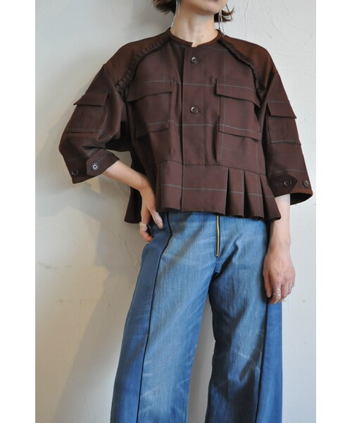 RehersalL（リハーズオール）の「チェックビーディーユーフリルジャケット（ノーカラージャケット・レディース・グレー/ブラウン・one）」の2枚目の写真