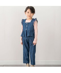 【お揃い】デニムチェック柄肩フリルチュニック+パンツ2点セット(80~130cm)