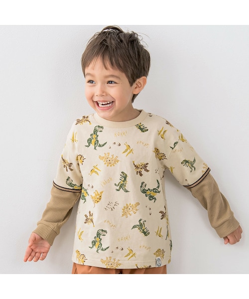 SLAP SLIP(スラップスリップ)の「恐竜柄重ね着風長袖Tシャツ(80~130cm)(Tシャツ/カットソー・キッズ・ベージュ/ホワイト・110)」の1枚目の写真