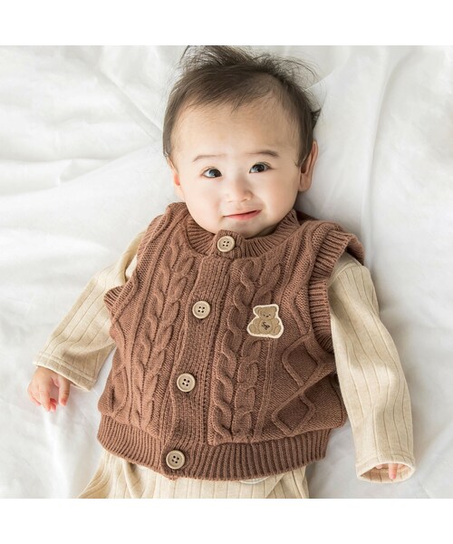 SLAP SLIP BABY(スラップスリップベビー)の「裏ボアケーブルニットベスト(70~80cm)(その他ベビーウェア・キッズ・ブラウン/ホワイト・ワンサイズ(70-80cm))」の1枚目の写真