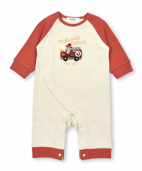 SLAP SLIP BABY（スラップスリップベビー）の「【お揃い】乗り物恐竜サガラ刺しゅうラグランロンパース(60~80cm)（ロンパース・キッズ・グリーン/レッド・70）」の2枚目の写真