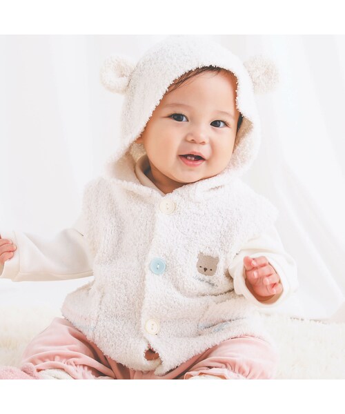 SLAP SLIP BABY(スラップスリップベビー)の「クマ耳付フードブークレニットベストベビー(70~80cm)(その他ベビーウェア・キッズ・ホワイト/ベージュ・ワンサイズ(70-80cm))」の1枚目の写真