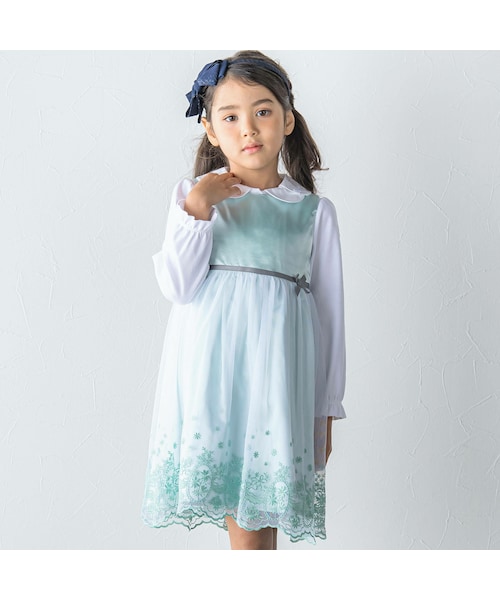 BeBe（ベベ）の「チュールレース+サテンワンピース(110~130cm)（パンツドレス・キッズ・パープル/グリーン・110）」の2枚目の写真