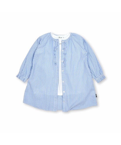 Noeil aime BeBe(ノイユエイムベベ)の「ストライプ前立てフリルワンピース&AラインTシャツセット(80~130cm)(アンサンブル・キッズ・ブルー・110)」の1枚目の写真