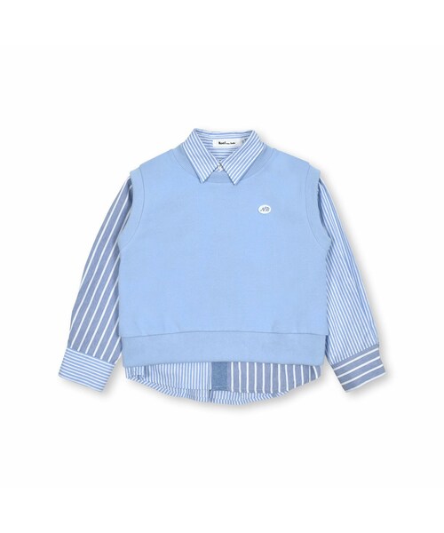 Noeil aime BeBe(ノイユエイムベベ)の「シャンブレーMIXストライプシャツ&ベストセット(80~130cm)(アンサンブル・キッズ・レッド/ブルー・110)」の2枚目の写真