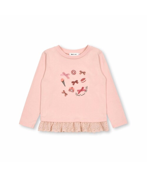 Noeil aime BeBe(ノイユエイムベベ)の「天竺フリルレーススイーツTシャツ(80~130cm)(Tシャツ/カットソー・キッズ・ピンク/ホワイト・110)」の1枚目の写真