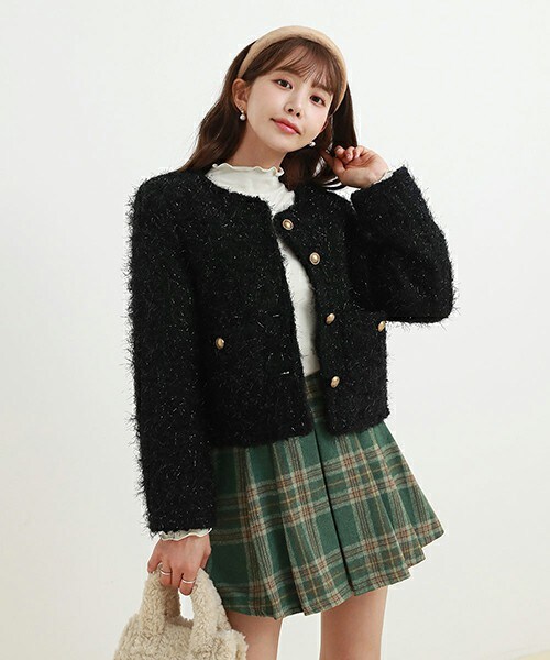 DHOLIC（ディーホリック）の「ウール混ゴールドボタンファータッチジャケット（ノーカラーコート・レディース・ブラック/アイボリー・FREE）」の2枚目の写真